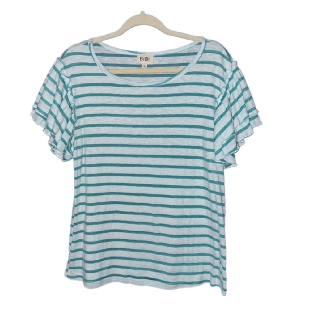 Women’s white green striped light ruffle short sleeve top Large